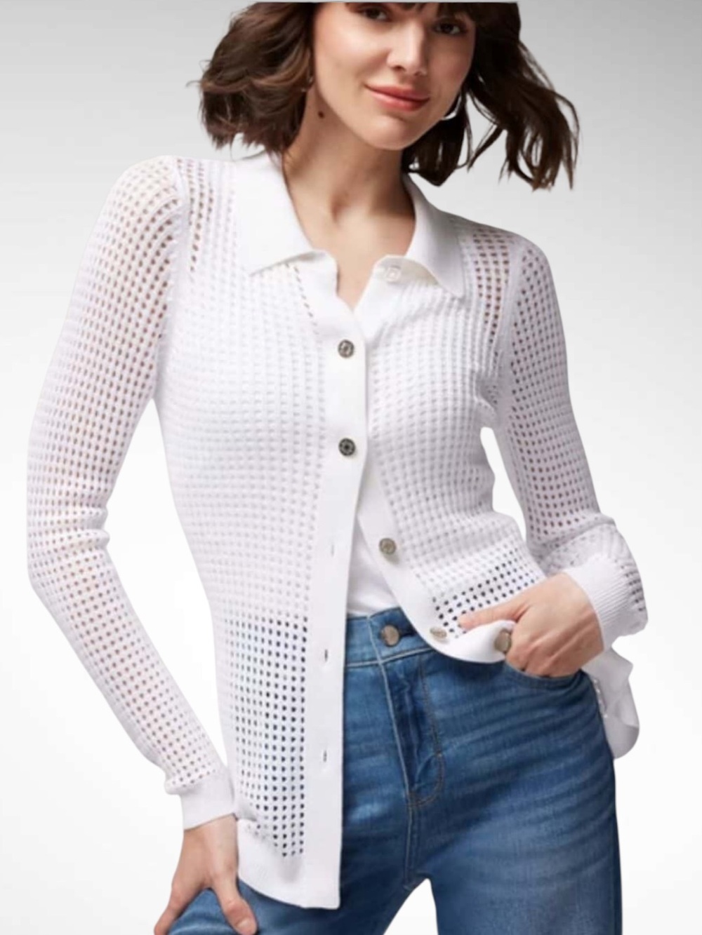 White House Black Market Open-Stitch, Button-Front Cardigan Long Sleeves